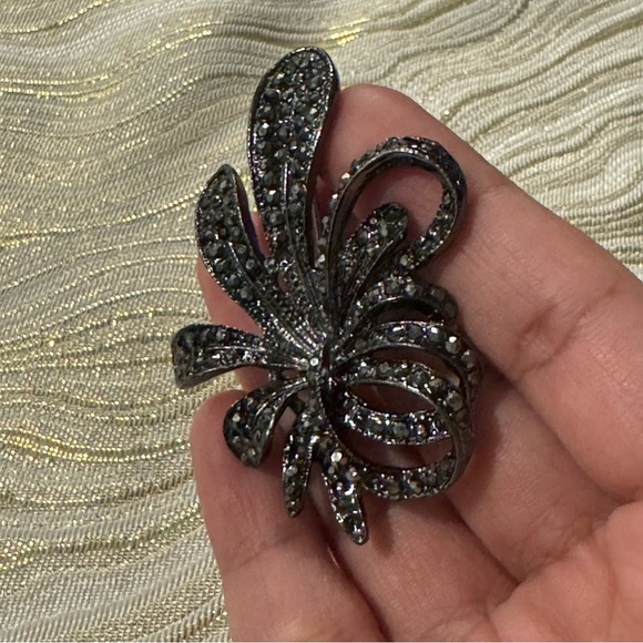Art Nouveau Black Rhinestone Brooch Silver Tone Abstract Art Deco - Picture 11 of 17
